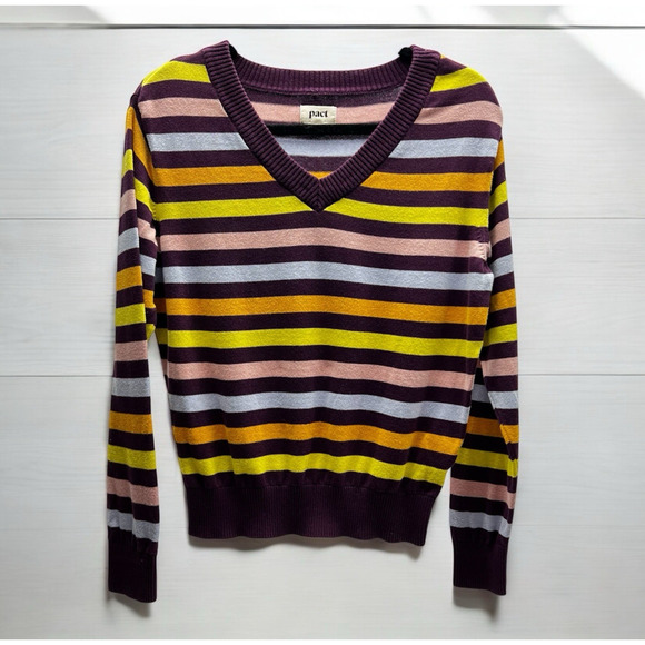 Pact Organic Cotton Rainbow Striped Sweater Pullover V Neck Women's Size Small - Picture 1 of 7